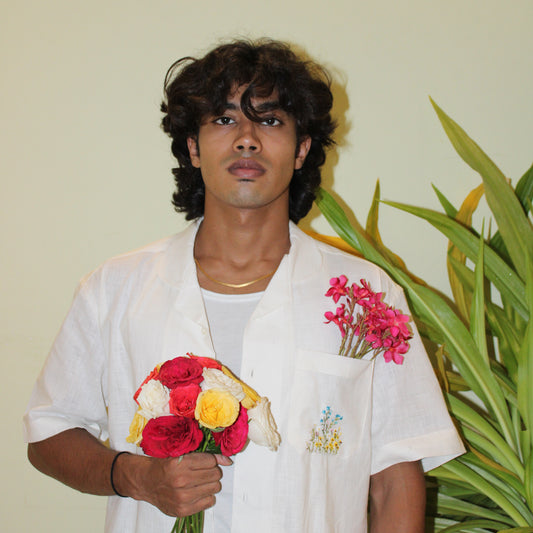 HAND EMBROIDERED OFF WHITE COTTON LINEN SHIRT